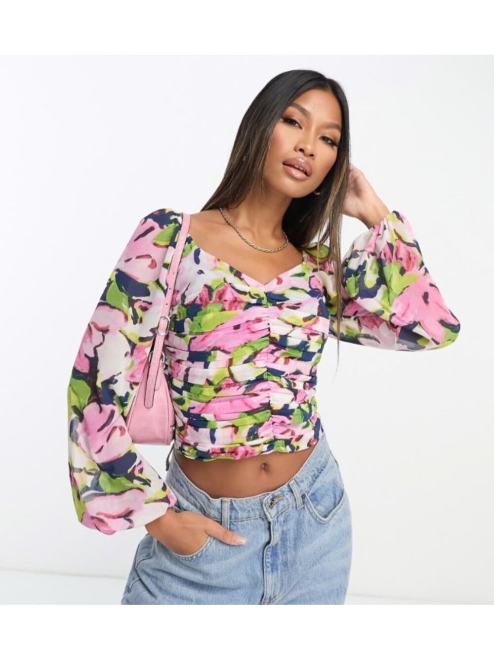 NEW Abercrombie & Fitch Sweetheart Neckline Cropped Floral Puff-Sleeve Blouse